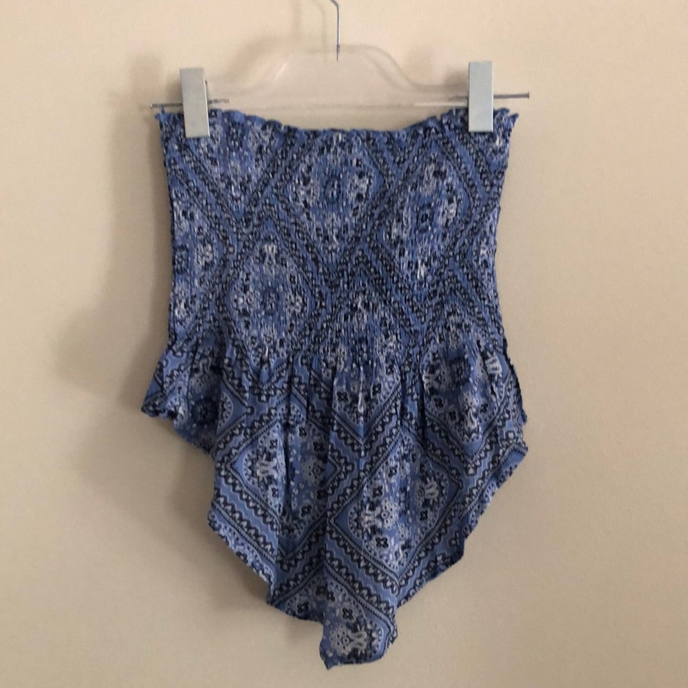 Blue Paisley Print Boho Smocked Strapless Tube Top